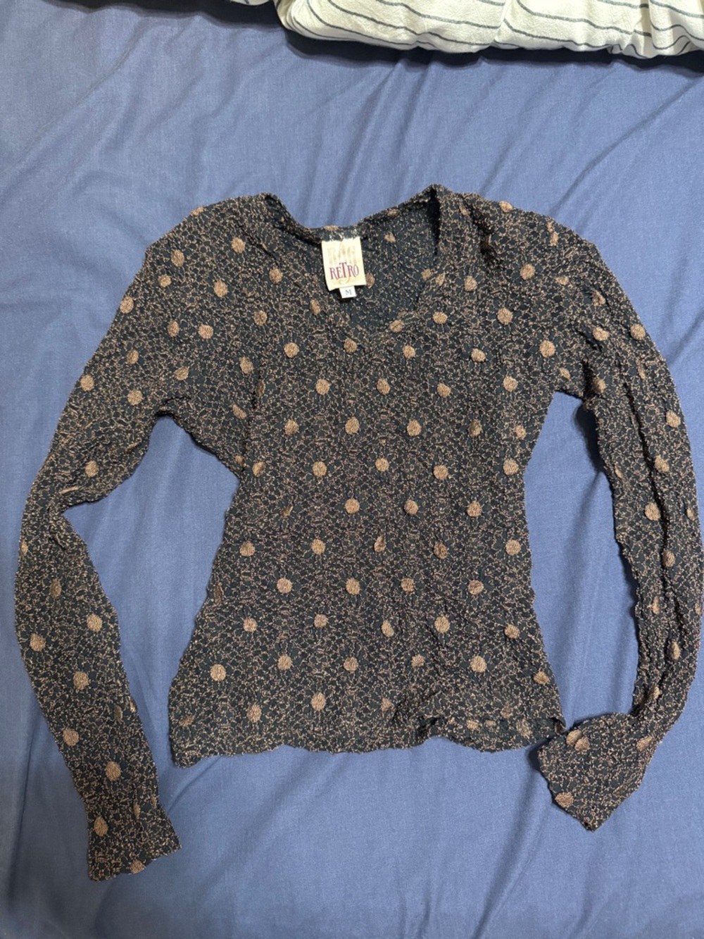 Rag Retro Brown Long-Sleeve Textured Mesh Top with Tan Floral Pattern